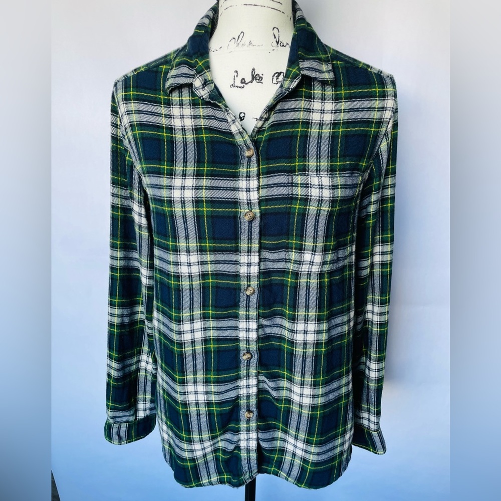 American Eagle Blue and Green Plaid Long Sleeve Button-up Shirt